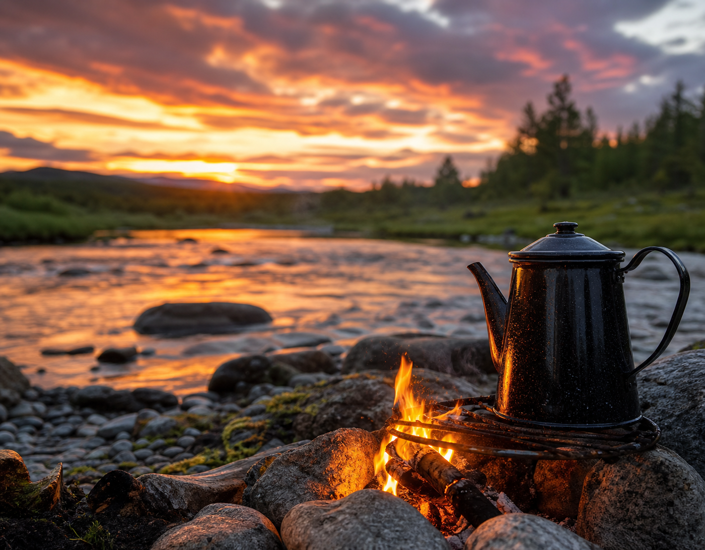 Bål og kaffekjele ved Orkla – solnedgang